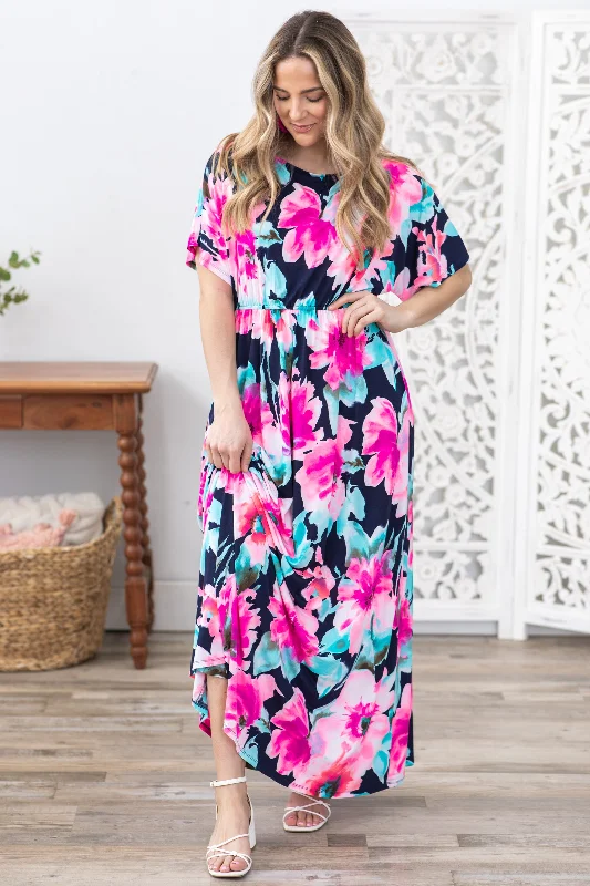 Navy Flower Print Boat Neck Maxi Dress Fashionable Layered Maxi Dress