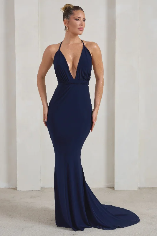 Starlet |  Navy Plunge Maxi Dress With Multiway Straps Fashionable Halter Neck Maxi Dress