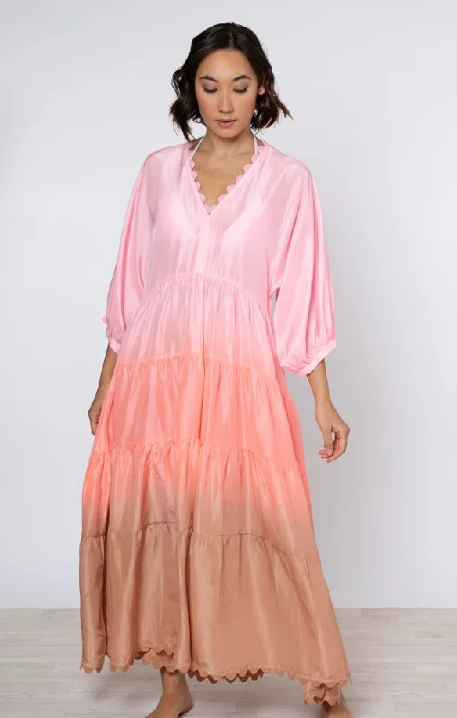 Ombre Dyed V-Neck Loose Maxi Dress With Ric Rac Trim Coral Elegant Wraparound Maxi Dress