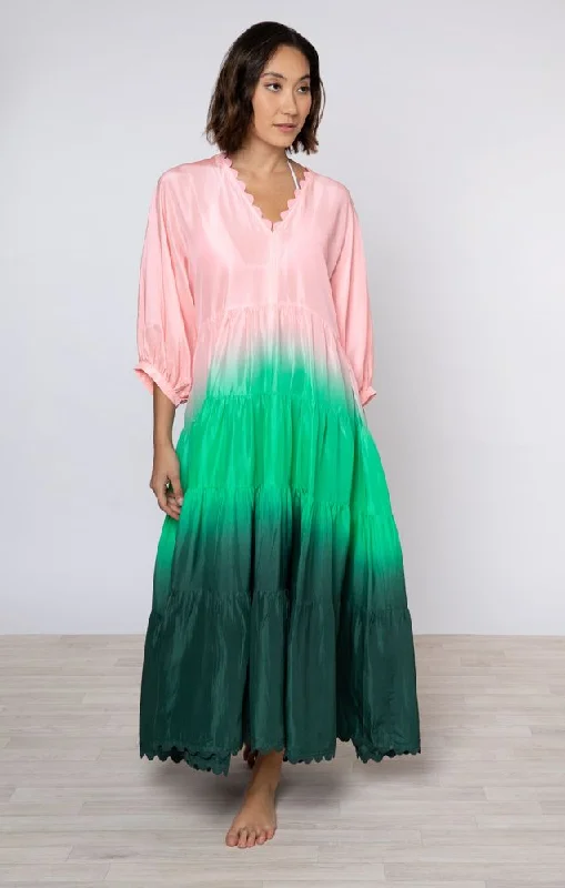 Ombre Dyed V-Neck Loose Maxi Dress With Ric Rac Trim Green Cozy Spaghetti Strap Maxi Dress