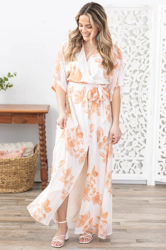 Peach Floral With Adjustable Belt Maxi Dress Stylish Boho Chic Maxi Dress