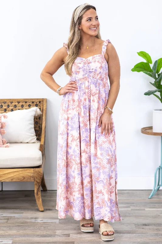 Peach Paisley Floral Smocked Maxi Dress Fashionable Sleeveless Maxi Dress