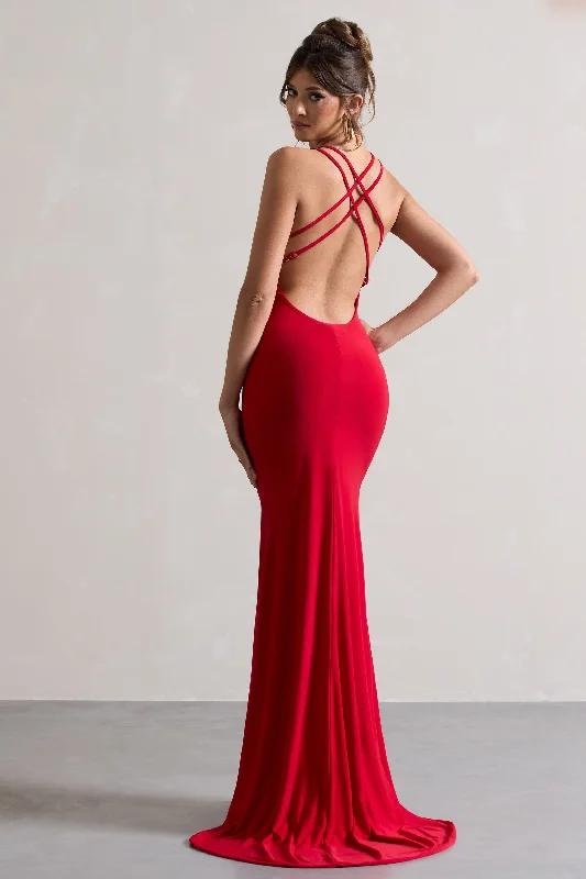 Lucky Day | Red Cross Over Back Fishtail Maxi Dress Stylish Empire Waist Maxi Dress