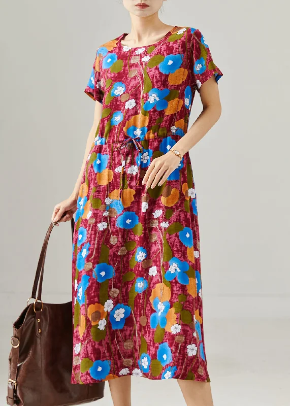 Red Print Cotton Maxi Dresses Cinched Summer Stylish Longline Maxi Dress