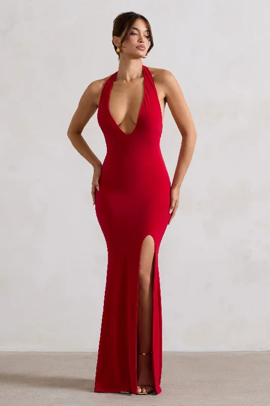 Glamour | Red Backless V Plunge Halter Neck Maxi Dress With Side Split Chic Boho Print Maxi Dress