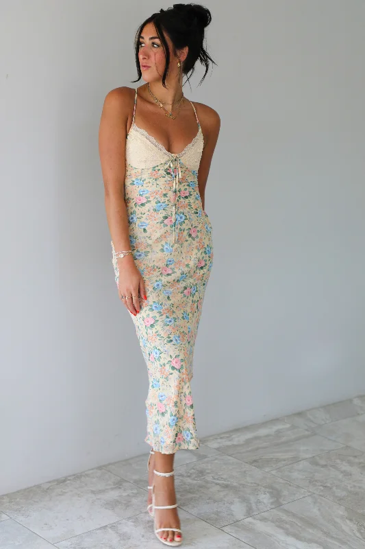 RESTOCK: See You Later Maxi Dress: Cream/Multi Fashionable Asymmetrical Maxi Dress