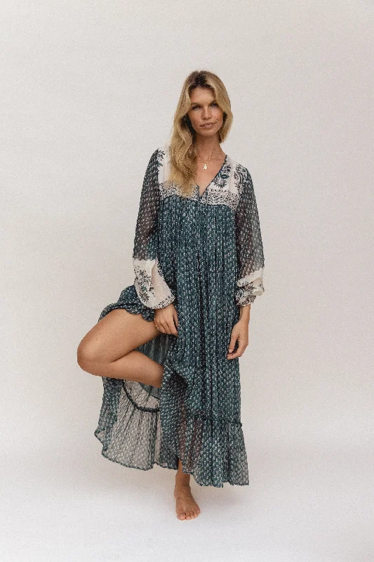 Rooh Maxi Dress ~ Pine Chic Boho Print Maxi Dress