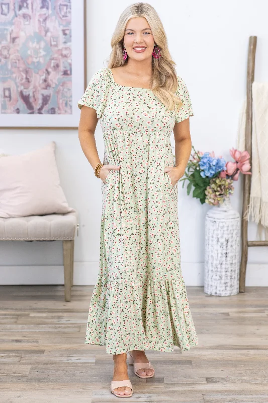 Sage Square Neck Floral Maxi Dress Fashionable Halter Neck Maxi Dress