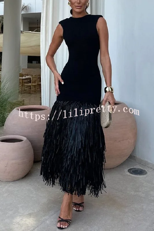 Christie Ribbed Patchwork Tiered Fringed Hem Zipper Backless Maxi Dress Fashionable Chiffon Maxi Dress