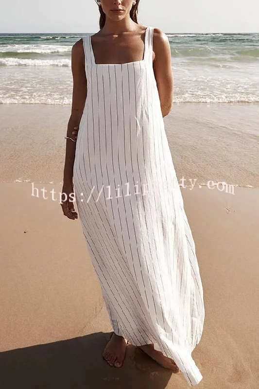 Lilipretty® Simple and Stunning Linen Blend Pinstripe Detail Square Neck A-line Maxi Dress Trendy Maxi Dress with Bow