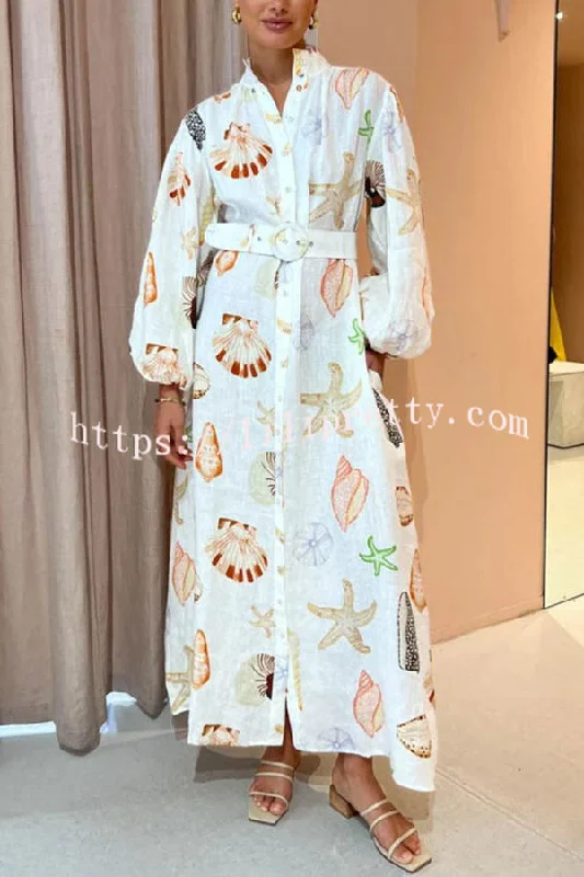 Lilipretty Swinton Marine Element Print  Pocket Balloon Sleeve Belted Maxi Dress Cozy Knit Maxi Dress