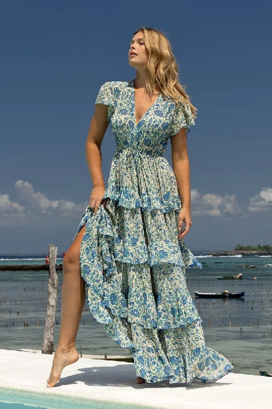 Tiered Maxi Dress with Blue Floral Print Comfortable Maxi Dress with Slits