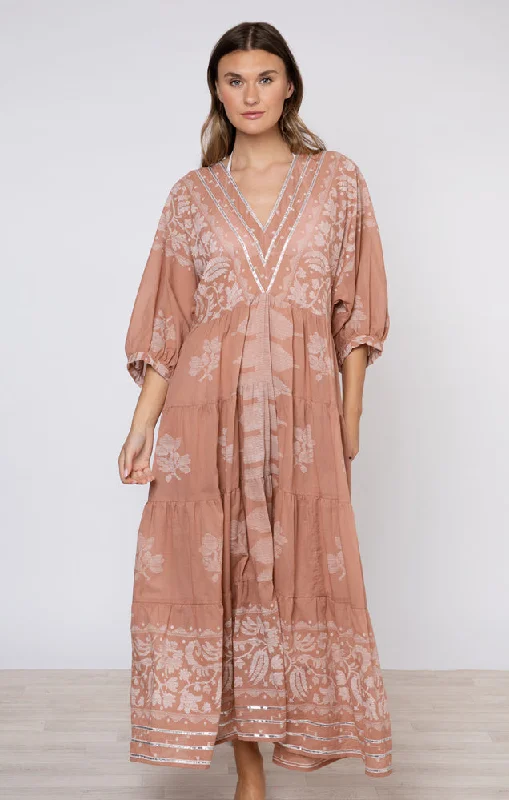 V-Neck Loose Maxi Dress With Dhaka Print & Silver Trim Cozy Knit Maxi Dress