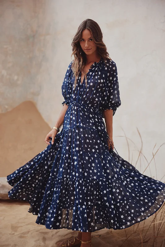 Maxi Dress Mono Star Navy Blue Fashionable Chiffon Tiered Maxi Dress