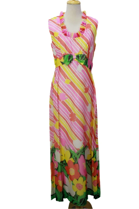 Vintage 1960s Pink Yellow Floral Sleeveless Empire Maxi Dress, Ruffle Neckline, Medium Comfortable Plunging Neckline Maxi Dress