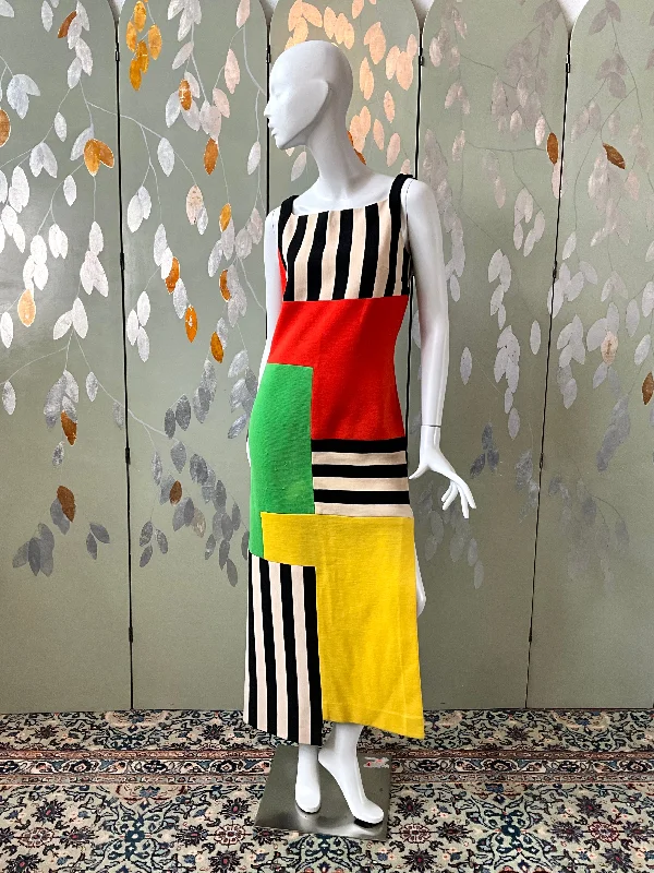 Vintage 1970s Gino Paoli Colour Block Wool Maxi Dress, Medium Elegant Maxi Dress with Drapes