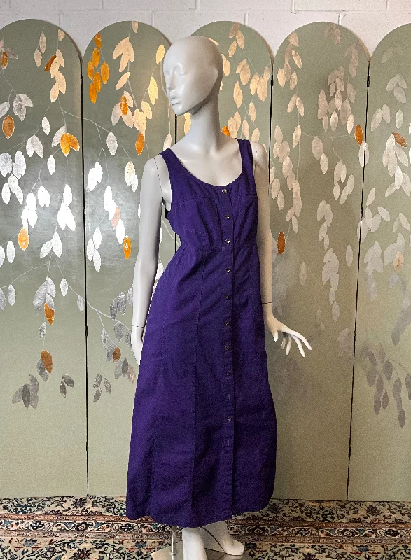 Vintage 1990s Purple Cotton Button-Up Maxi Dress, Large Cozy Ruffle Sleeve Maxi Dress