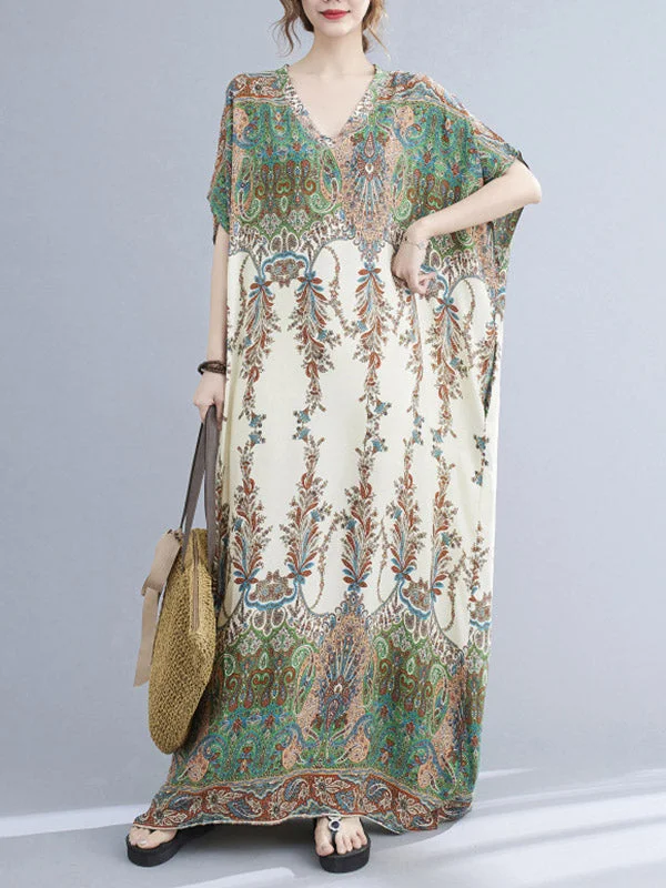 Zjkrl - Vintage Floral Printed V-Neck Batwing Sleeves H-Line Maxi Dress Cozy Maxi Dress with Slit