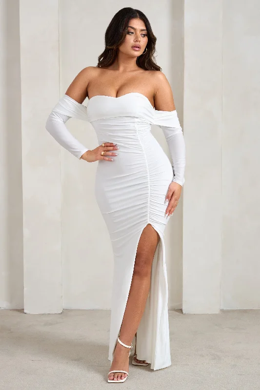 Midnight | White Draped Long Sleeve Maxi Dress Casual Maxi Dress with Pockets