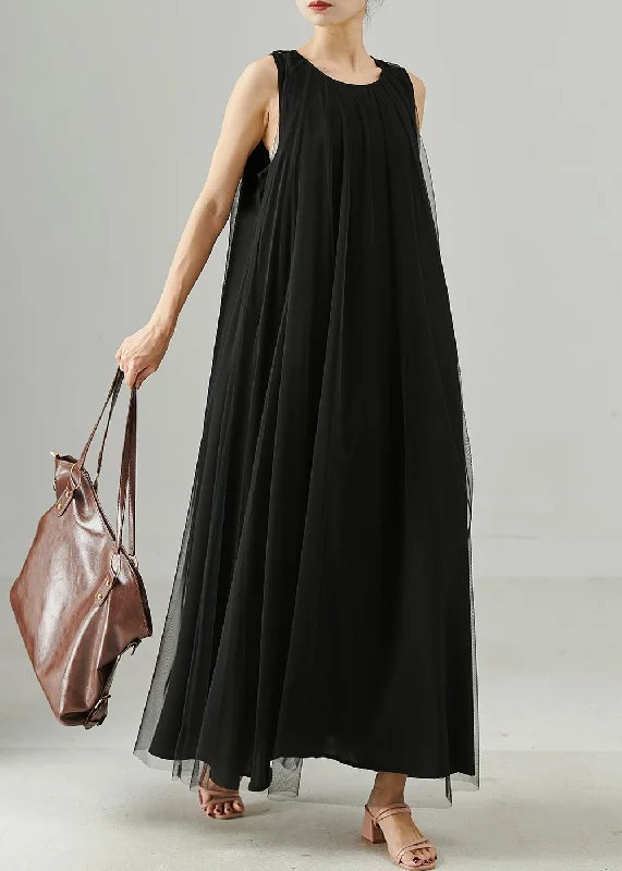 Women Black Oversized Tulle Maxi Dresses Summer Trendy Maxi Dress with Bow