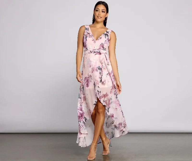 Wrapped In Romance Charming Floral Chiffon Maxi Dress Fashionable High-Low Maxi Dress