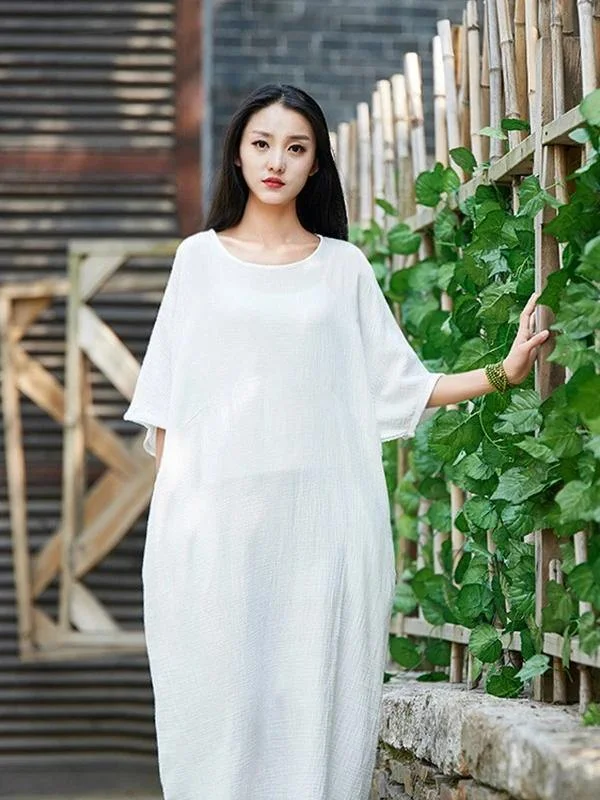 Handmade white cotton linen clothes For Women o neck half sleeve Maxi Dress Elegant Maxi Dress with Slit Handmade white cotton linen clothes For Women o neck half sleeve Maxi Dress Elegant Maxi Dress with Slit