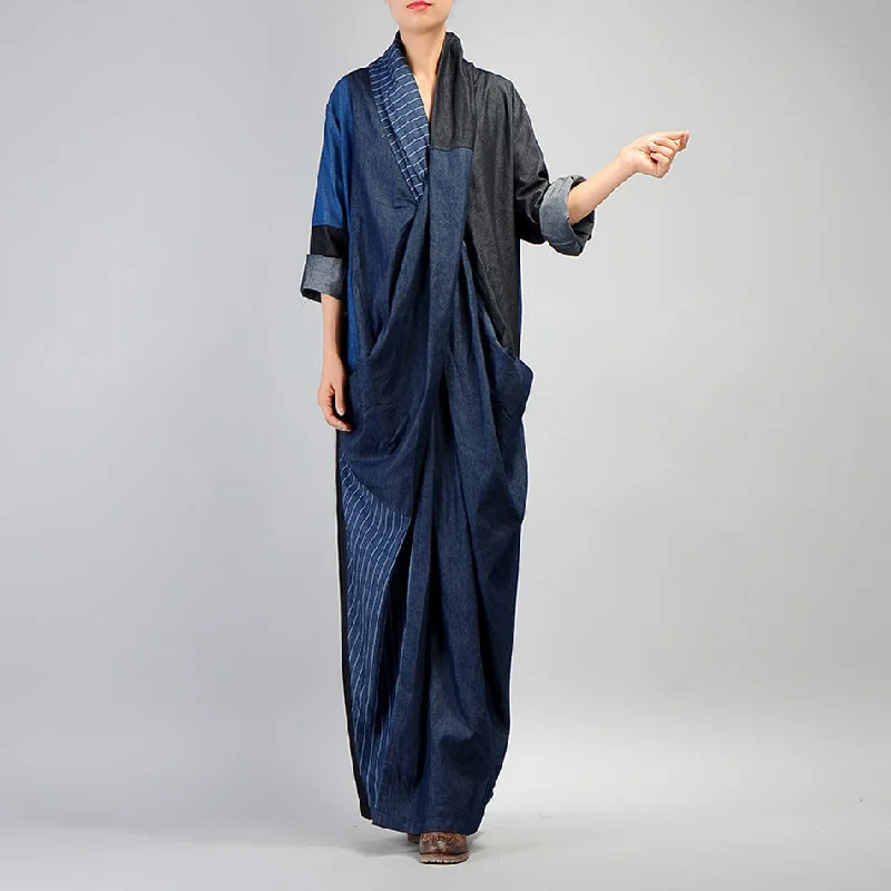 Women Denim Dress 2022 Fall Winter New Patchwork Cotton Robe V-Neck Vintage Women Casual Pockets Bandage Maxi Dresses Elegant Maxi Dress with Pockets