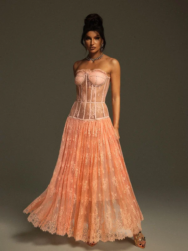 Juric Strapless Lace Mesh Maxi Dress Trendy Maxi Dress with Lace