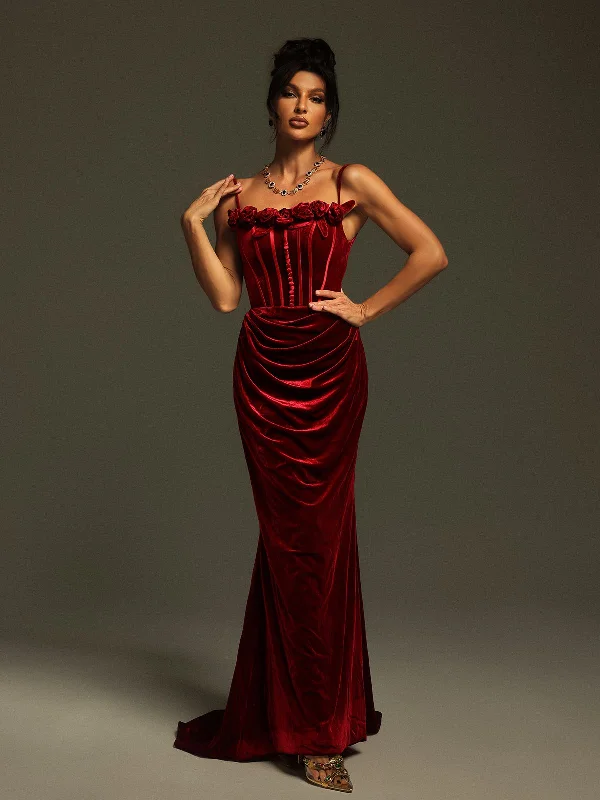 Mckay Spaghetti Flower Velvet Maxi Dress Fashionable High-Waist Maxi Dress