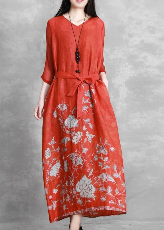 Women red print Robes v neck tie waist Maxi Dresses Fashionable Button-Down Maxi Dress