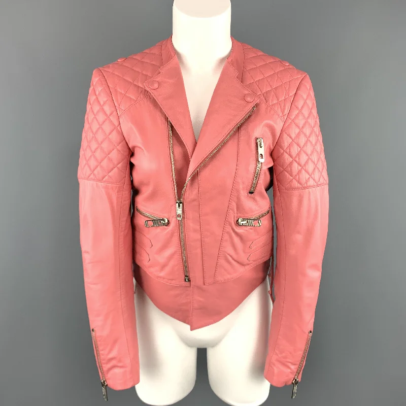 BALENCIAGA Size 6 Pink Quilted Leather Moto Biker Jacket Chenille Fabric Brocade Fabric Lace Fabric