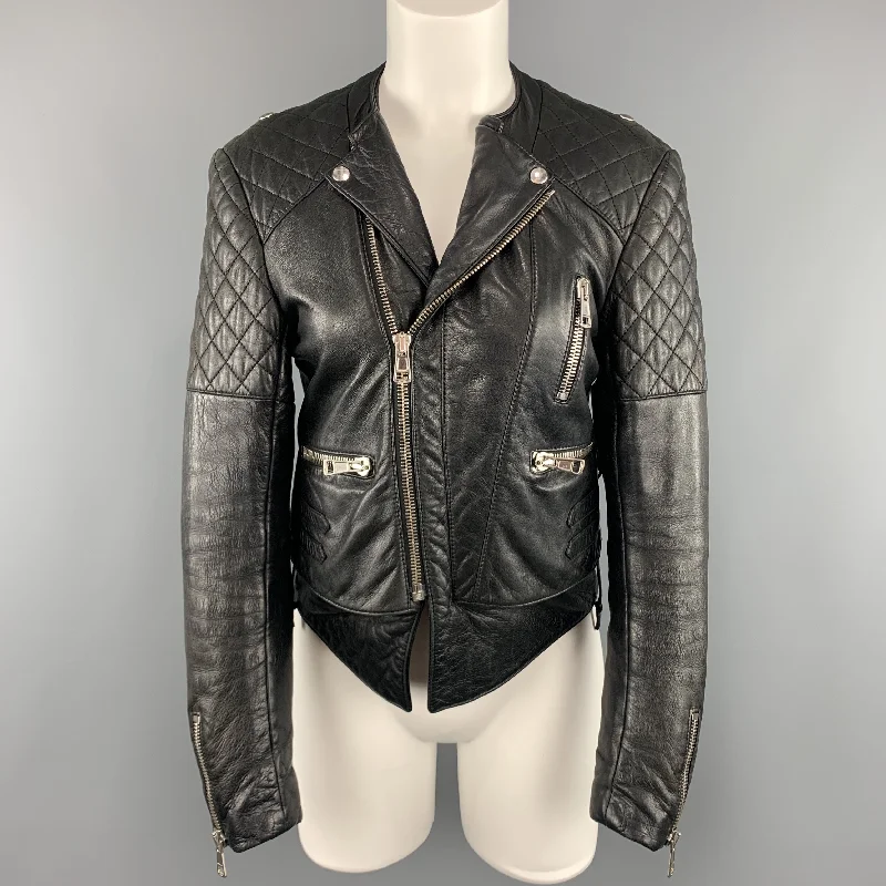 BALENCIAGA Size 8 Black Quilted Leather Biker Moto Jacket One-Shoulder Jacket Off-the-Shoulder Jacket Asymmetrical Jacket