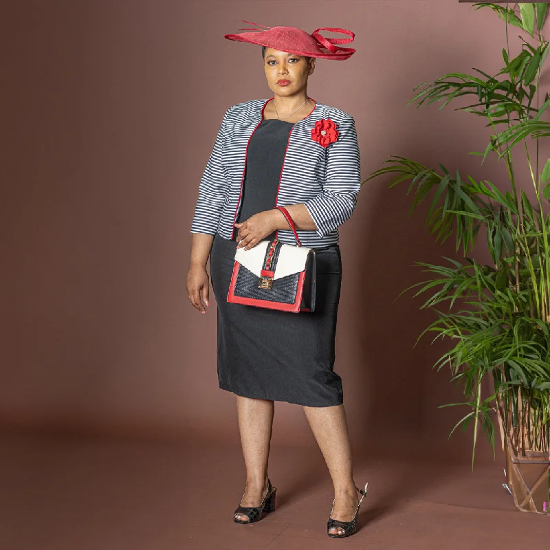 Black and White Striped Dress and Jacket Set w/Red Accents Oversized Jacket Tailored Jacket Straight Jacket