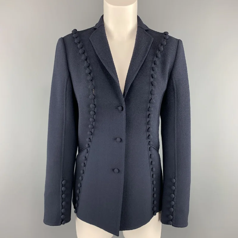 CHADO RALPH RUCCI Size 2 Navy Crepe Wool Button Trim Notch Lapel Jacket Collared Jacket Crew Neck Jacket Turtle Neck Jacket