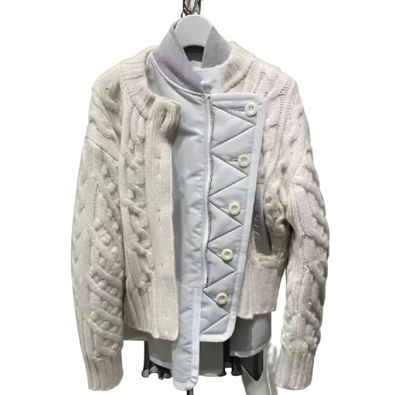 Contemporary Patchwork Knit and Quilted Jacket Zippered Front Buttoned Front Snap Front