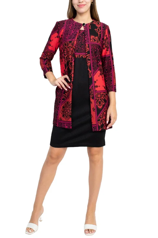 Danny & Nicole Scoop Neck Sleeveless Multi Print Dress with Matching Jacket Toggled Jacket Drawstring Jacket Belted Jacket