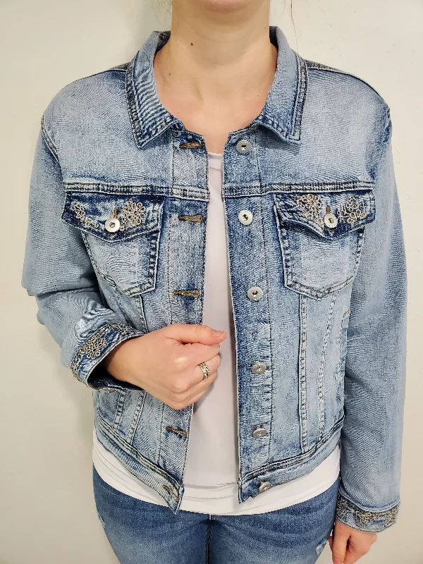 EMBROIDERED DETAIL DENIM JACKET - LIGHT WASH Bomber Jacket Anorak Windbreaker