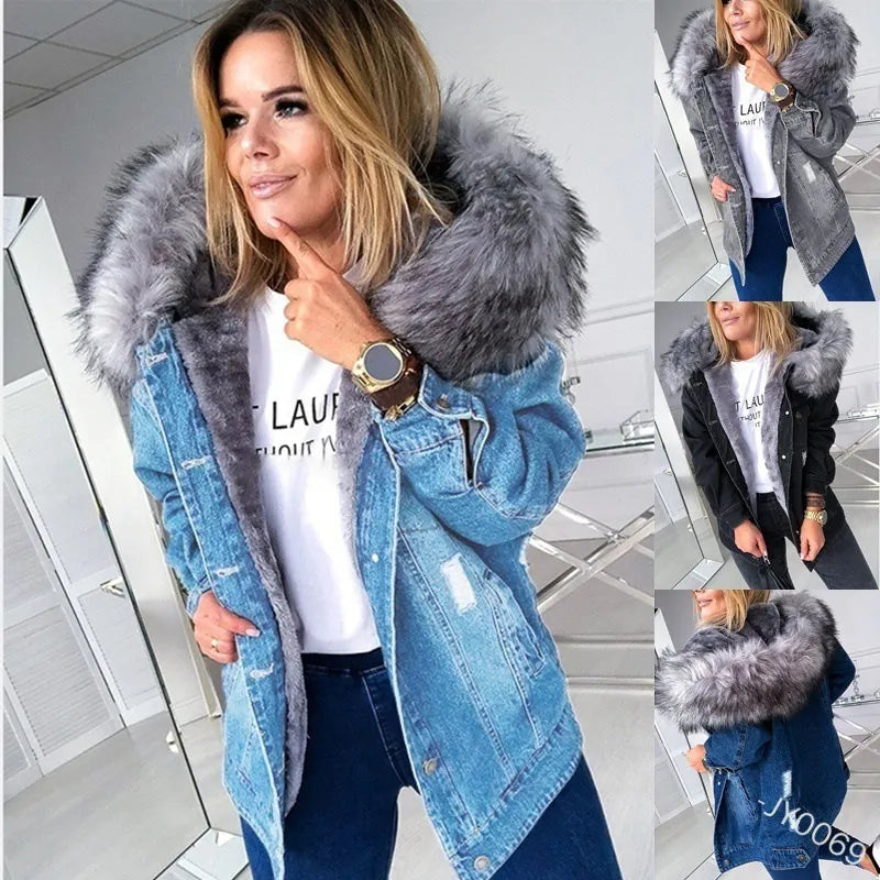 Fashion Hooded Big Fur Collar Denim Jacket Women One-Shoulder Jacket Off-the-Shoulder Jacket Asymmetrical Jacket