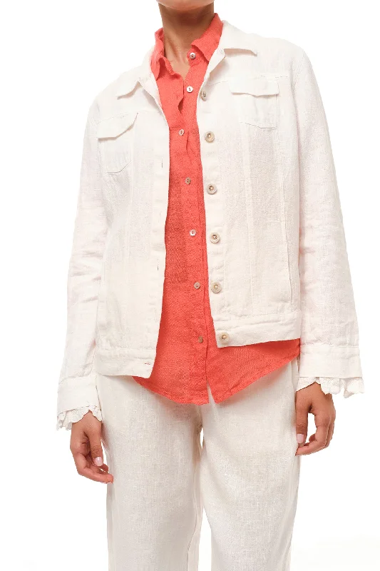 Flap Pocket Linen Jacket White A-Line Jacket Boat Neck Shawl Collar