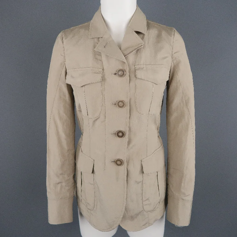 GIORGIO ARMANI Size 2 Khaki Silk Blend Safari Jacket Faux Fur Jacket Real Fur Jacket Shearling Jacket