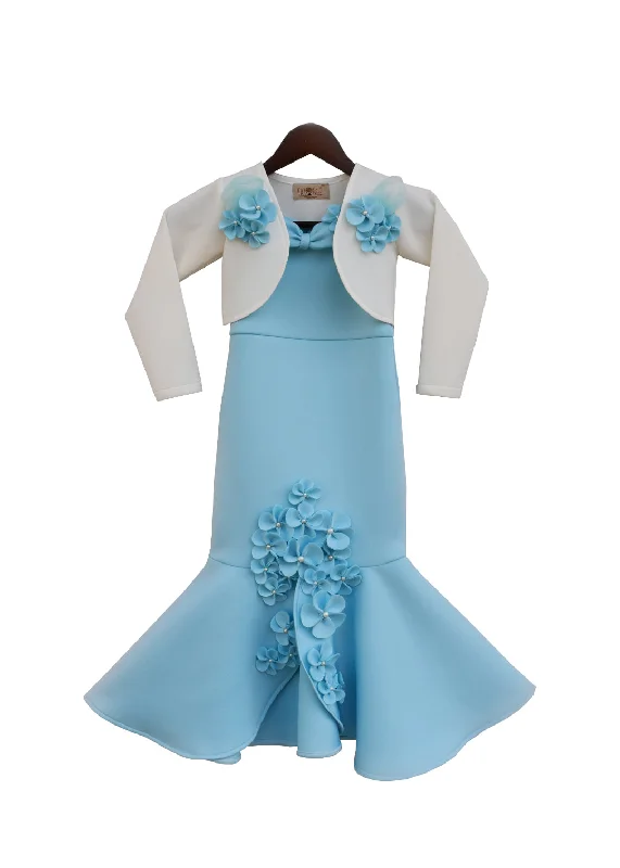 Girls Blue Neoprene Fish Cut Dress With Jacket V-Neck Jacket Boat Neck Jacket Square Neck Jacket