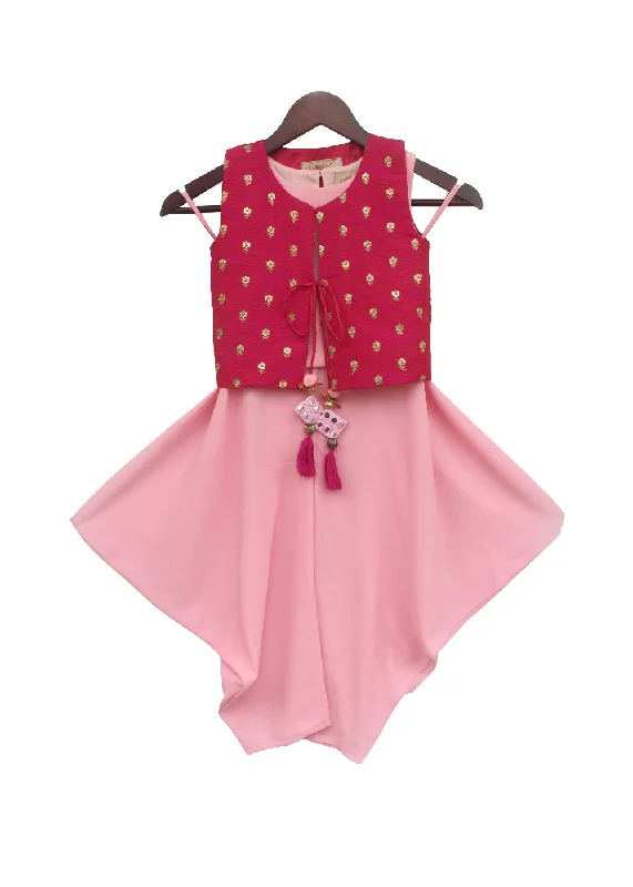 Girls Pink Top And Dhoti With Hot Pink Jacket Boat Neck Shawl Collar Notched Collar