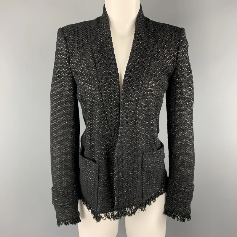 ISABEL MARANT Size 4 Black Tweed Open Front Fringe Jacket Stand-Up Collar Roll-Neck Collar Turtle Neck