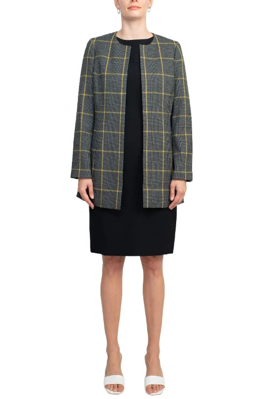 Le Suit Boat Neck Sleeveless Zipper Back Crepe Dress with Crew Neck Long Sleeve Large Windowpane Pattern Jacket (Two Piece Set) Tailored Jacket Straight Jacket A-Line Jacket