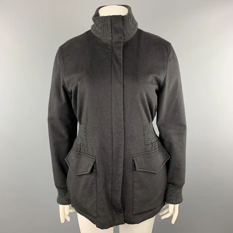 LORO PIANA Size 10 Charcoal Cashmere High Collar Ribbed Waist STORM SYSTEM Jacket Elasticated Jacket Padded Jacket Insulated Jacket