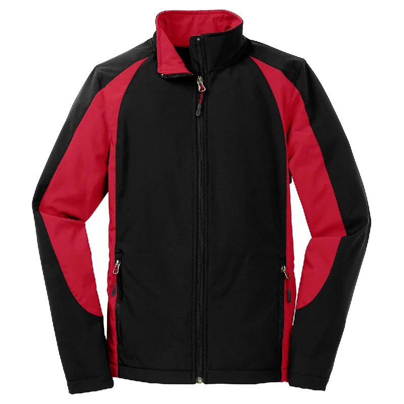 Sport-Tek Women's Black/True Red Colorblock Soft Shell Jacket Rayon Fabric Velvet Fabric Corduroy Fabric