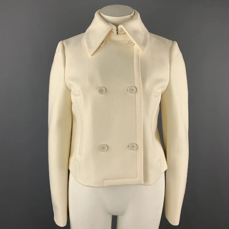 MICHAEL KORS Size 12 Cream Virgin Wool Double Breasted Jacket Ribbed Jacket Pleated Jacket Ruffled Jacket