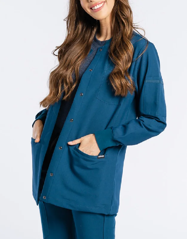 Scrub Jacket Button Up - Gibraltar Blue Notch Collar Peter Pan Collar Cowl Neck