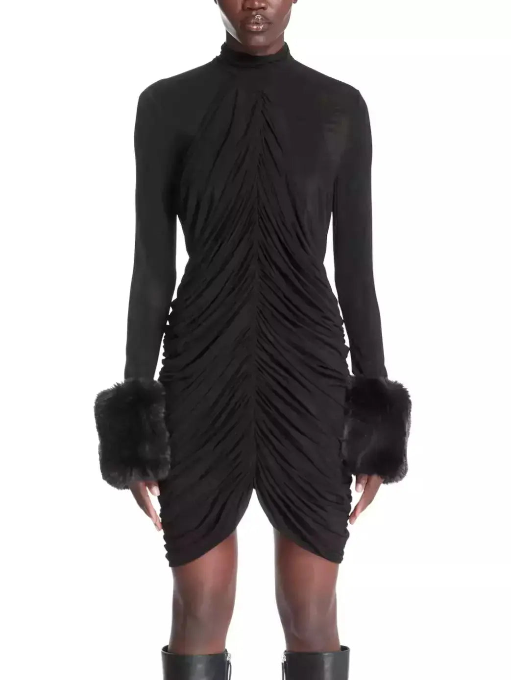 Black Ruched High-Neck Mini Dress with Fur Cuff Detail Elegant Tulle Mini Dress