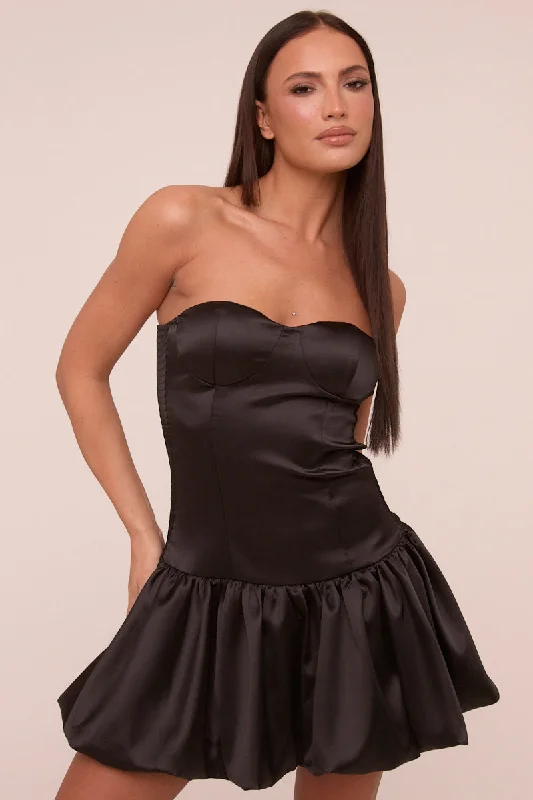 Black Satin Bandeau Puffball Mini Dress - Stacy Comfortable One-Shoulder Mini Dress